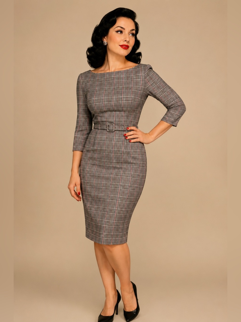 Unique Vintage Plaid Retro Belted Pencil Dress Sz M